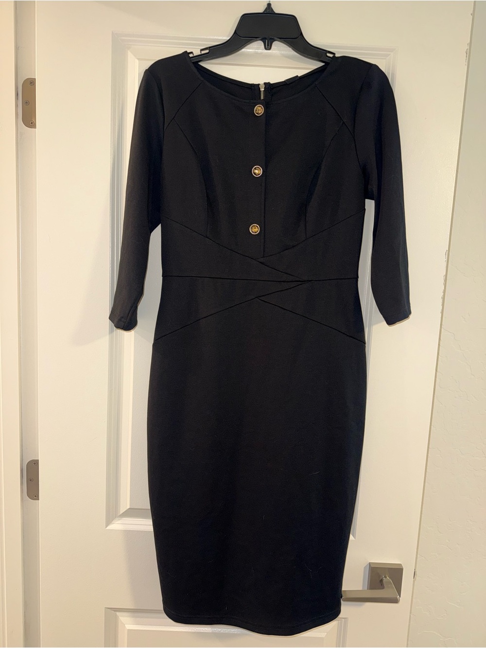 Classic Black Long Sleeve Sheath Dress with Gold Buttons